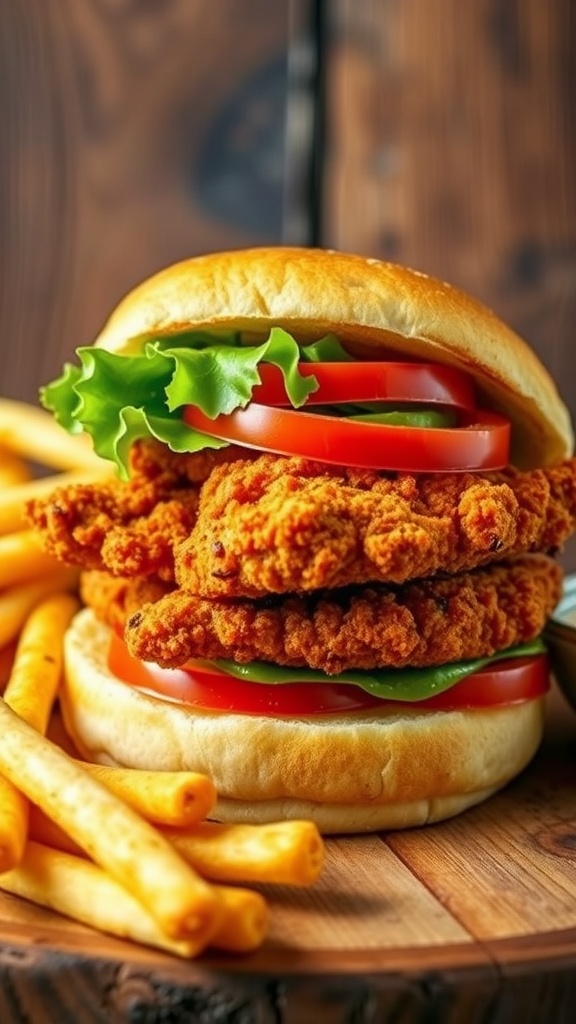 A delicious Chicken 65 burger with crispy chicken, fresh vegetables in a toasted bun, served with fries.